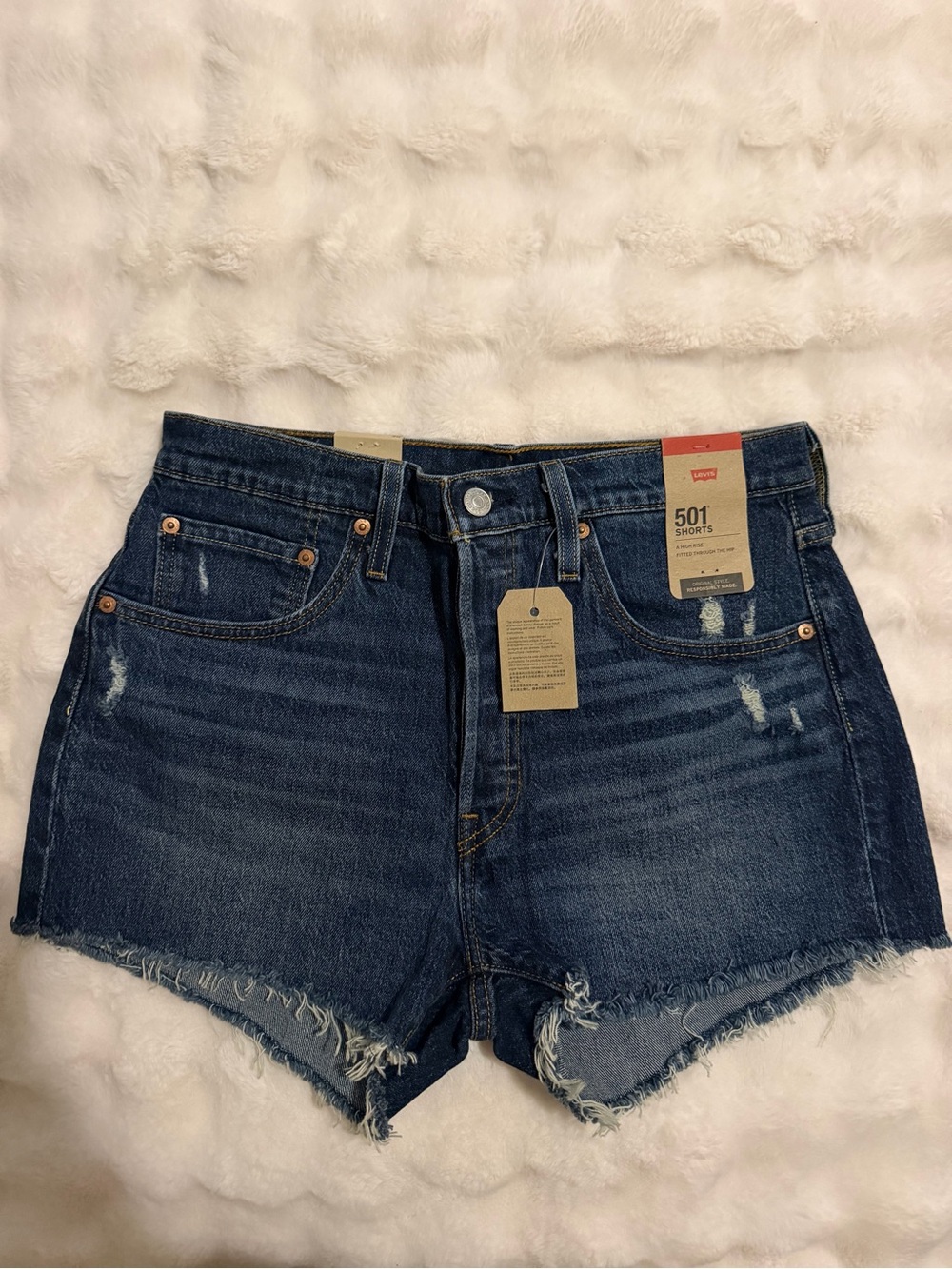 Levi's 501 High-Rise Distressed Dark Blue Denim Shorts